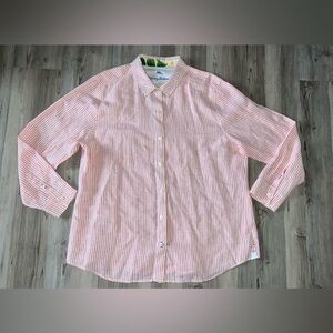 Tommy Bahama Womens Linen Blouse Pink White Striped Button Up Shirt Trim XL